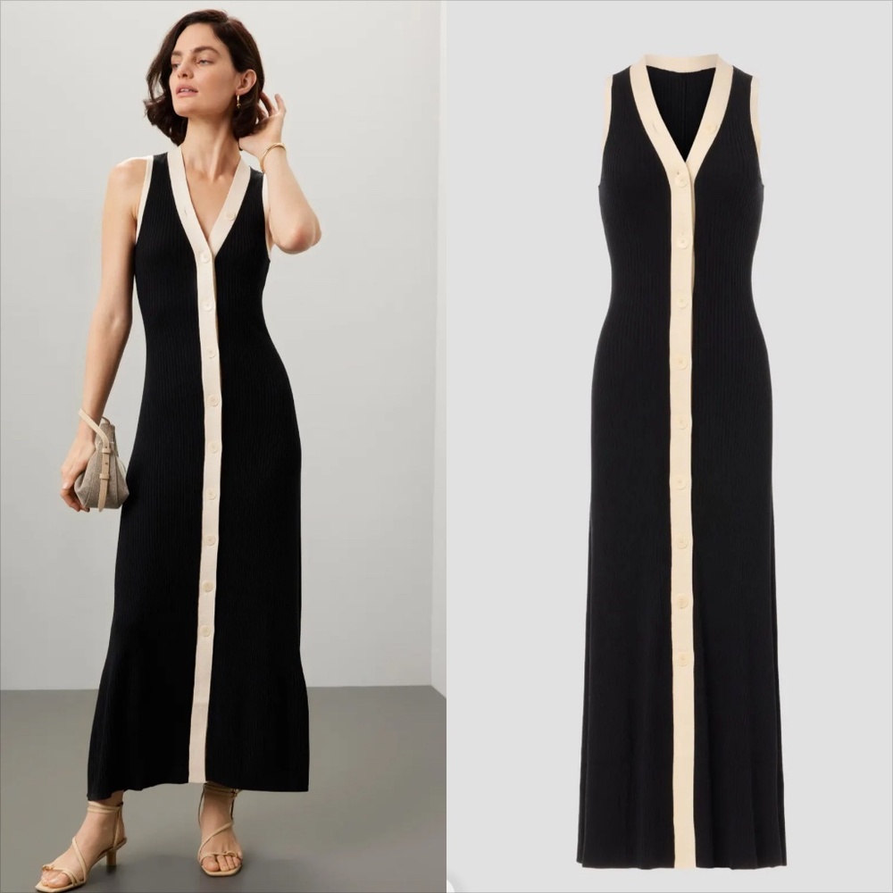 NWOT Sandro Gabriella black and ecru silk blend ribbed tank maxi dress - Picture 3 of 6